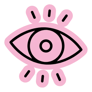Stilisiertes Auge in pinker Farbe, umrandet von einer schwarzen Linie. Um das Auge herum befinden sich sechs kleine ovale Formen mit schwarzen Linien im Inneren, die als stilisierte Wimpern oder Strahlen interpretiert werden können.